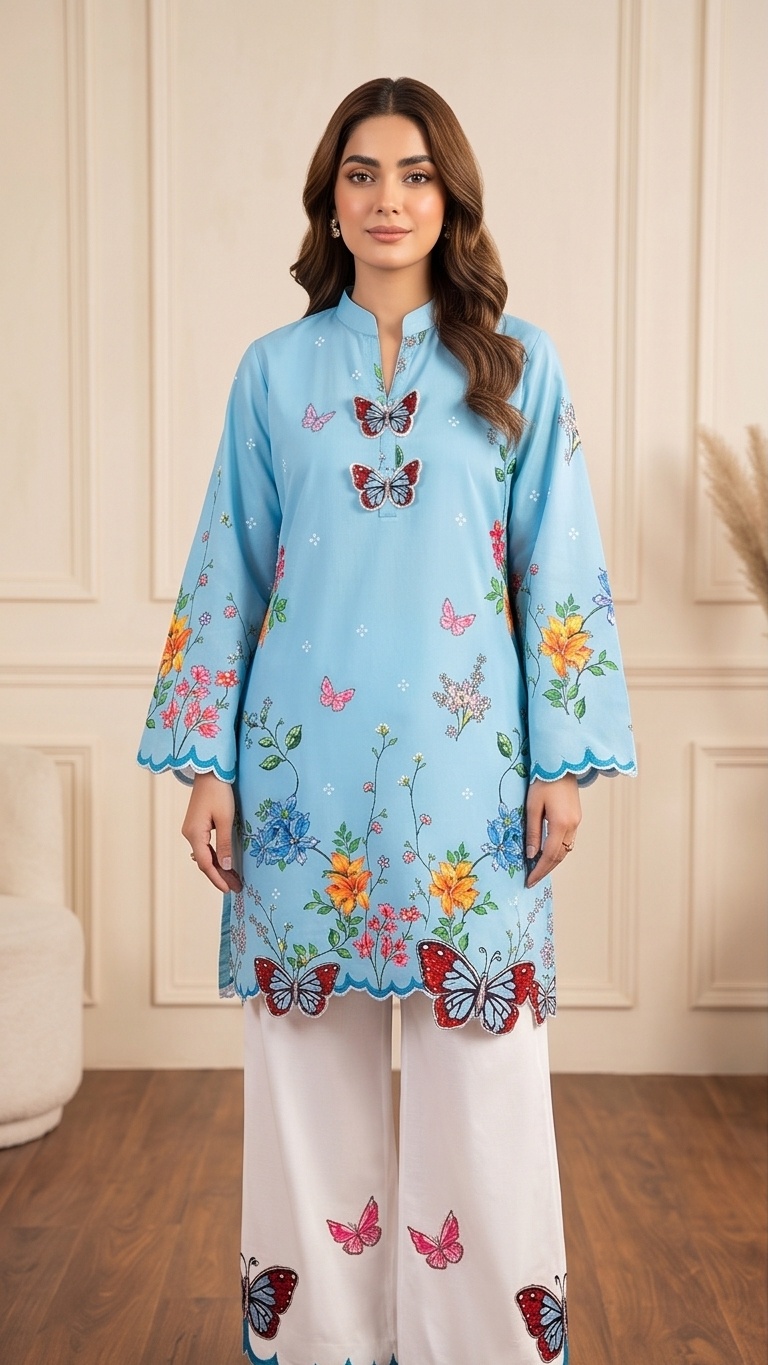 Stitched 2-Piece Lawn Suit Sky Blue Butterfly Embroidered Printed