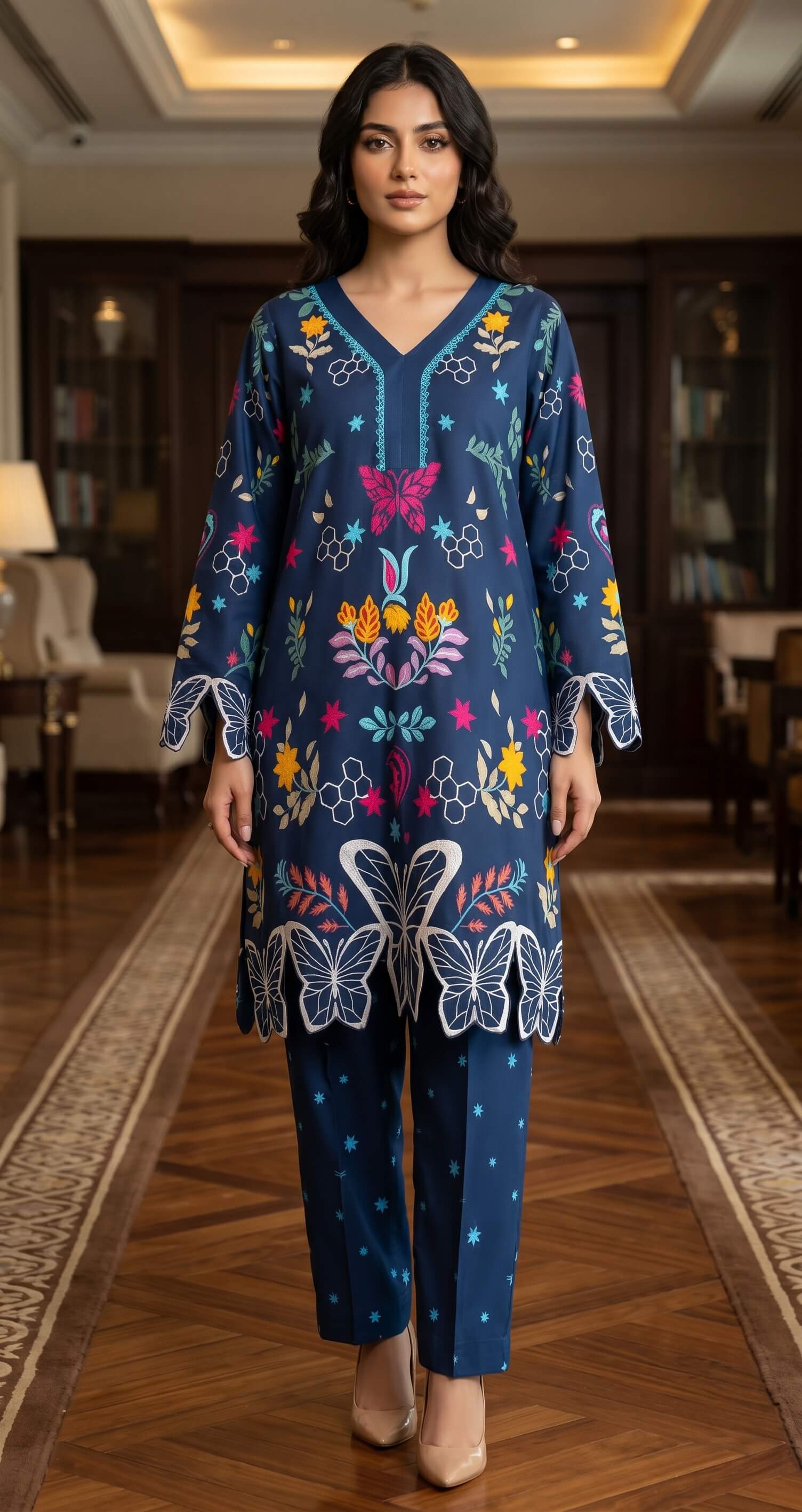 Stitched 2 Piece Midnight Blue Butterfly Embroidered 2-Piece Kurta Set