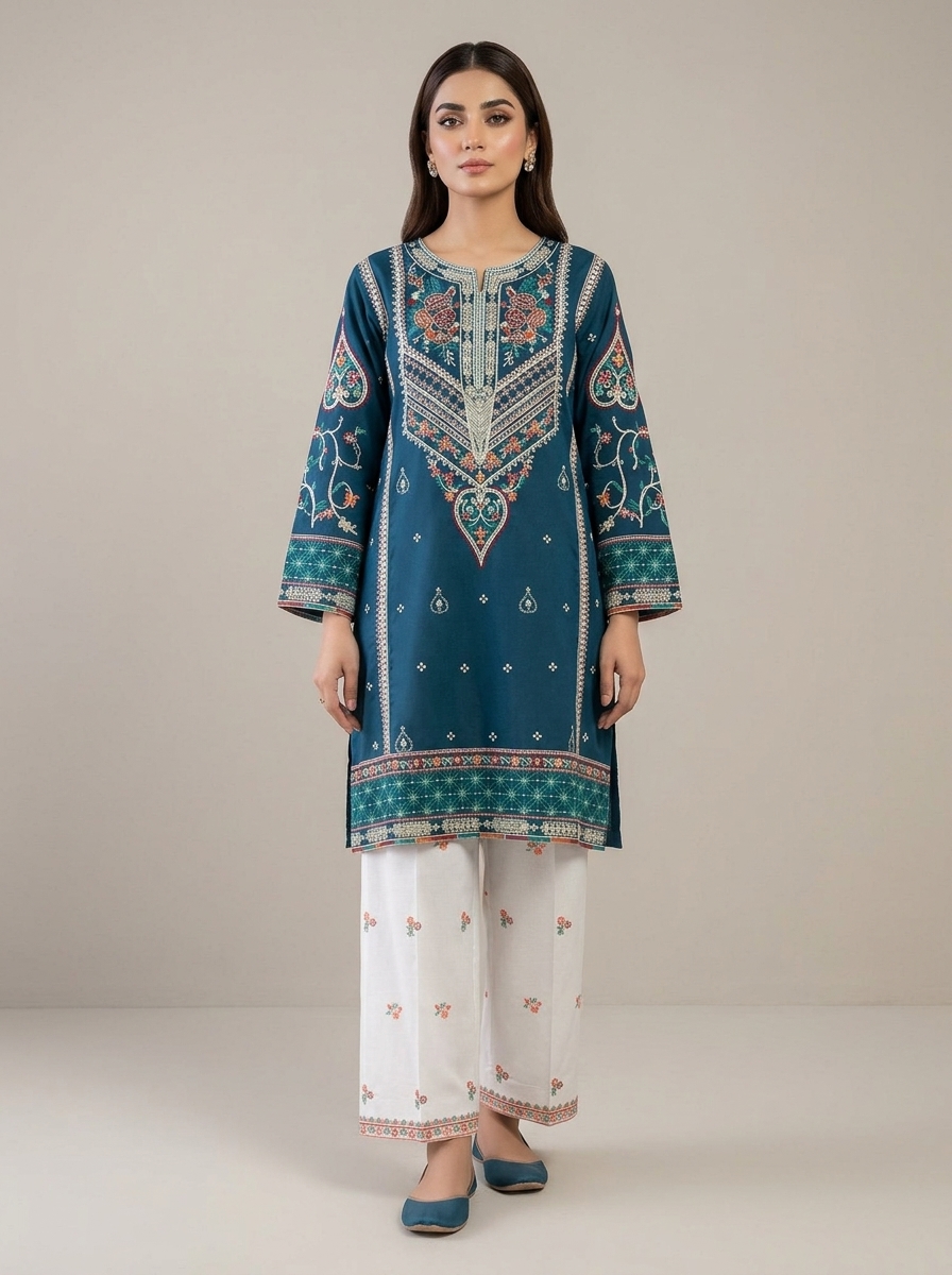 Stitched 2 PieceTeal Blue & White Embroidered Lawn Suit