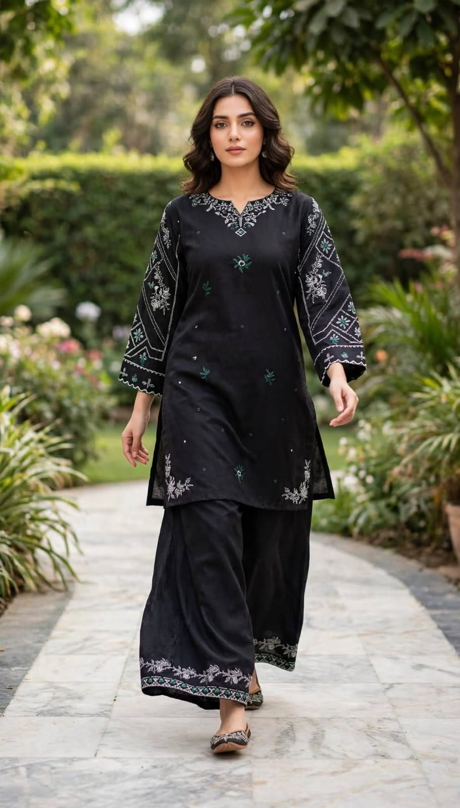 Stitched 2-Piece Black Contrast Ivory Embroidered Lawn Co-Ord Set with Printed Trousers
