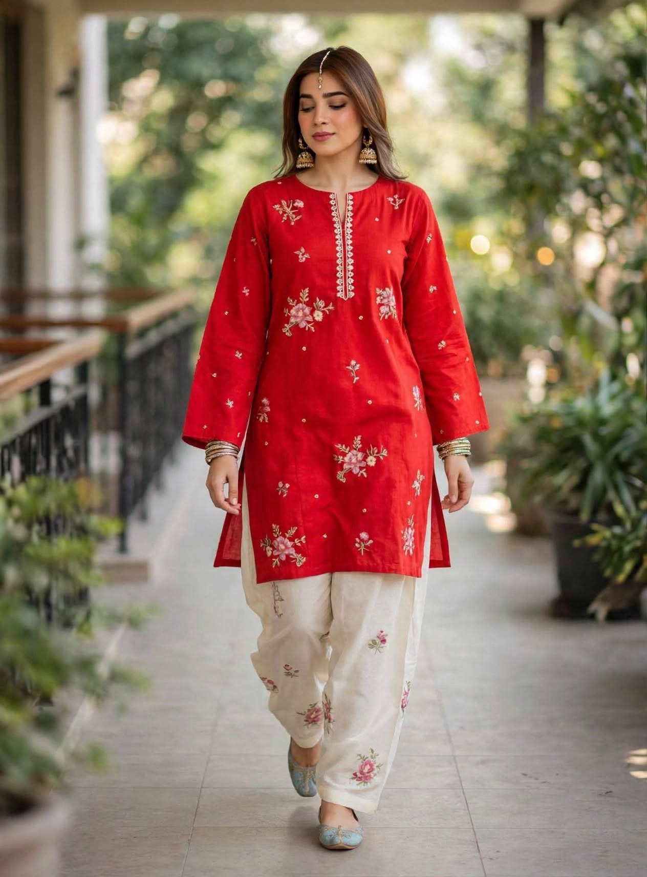 Stitched 2-Piece Crimson Red Embroidered Lawn Co-Ord Set with Printed Trousers