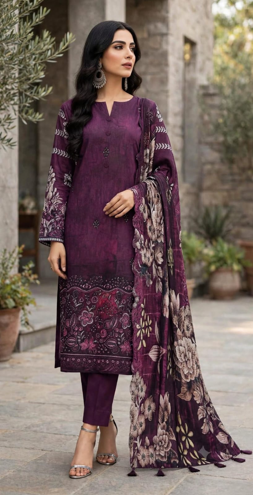 Unstitched 3 Pc Deep Purple Plum tones Embroidered Suit