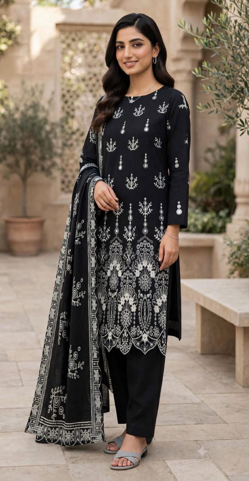 Unstitched 3 Pc Rich black and White Flowers Embroidered Suit