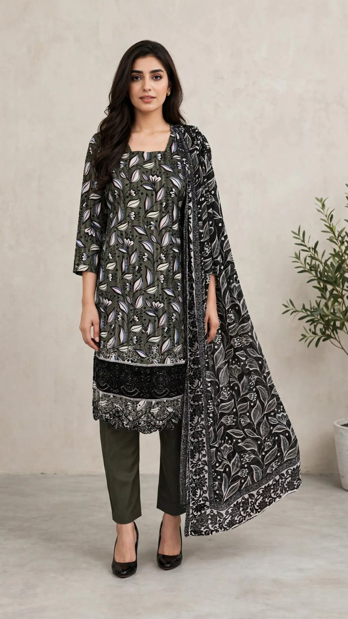 Unstitched 3-Piece Elegant Olive Green Floral Printed 3-Piece Suit