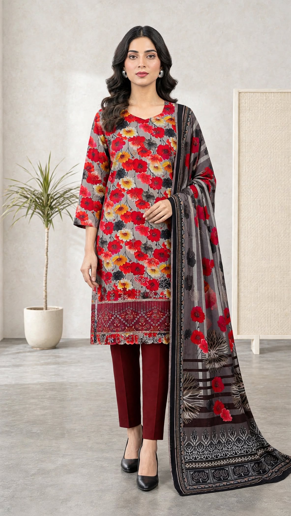 Unstitched 3-Piece Elegant Red & Grey Floral Printed 3-Piece Lawn Suit