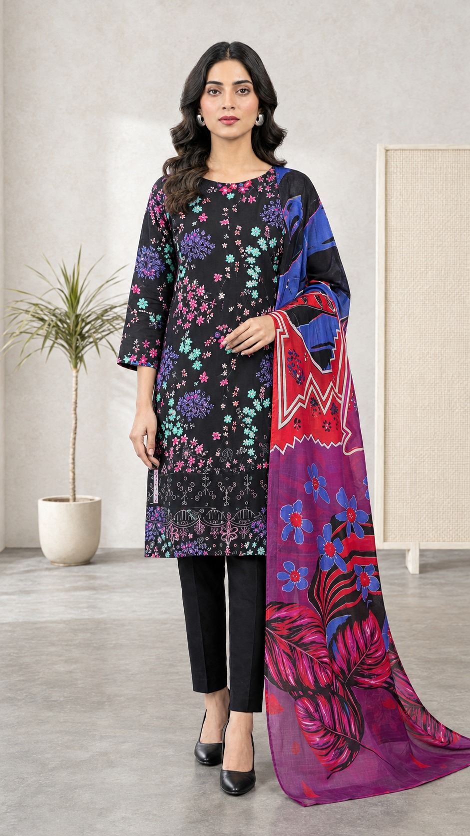 Unstitched 3-Piece Midnight Bloom Black 3-Piece Printed Lawn Suit