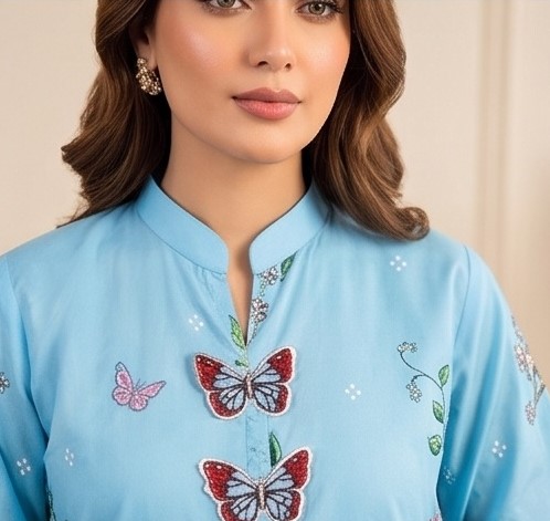 Stitched 2-Piece Lawn Suit Sky Blue Butterfly Embroidered Printed