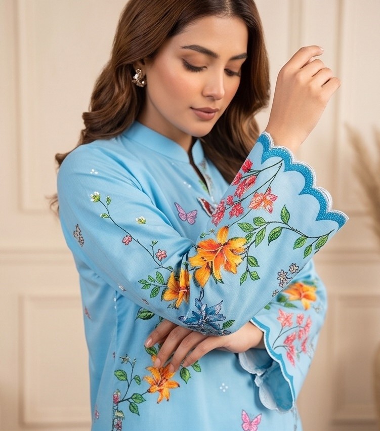 Stitched 2-Piece Lawn Suit Sky Blue Butterfly Embroidered Printed