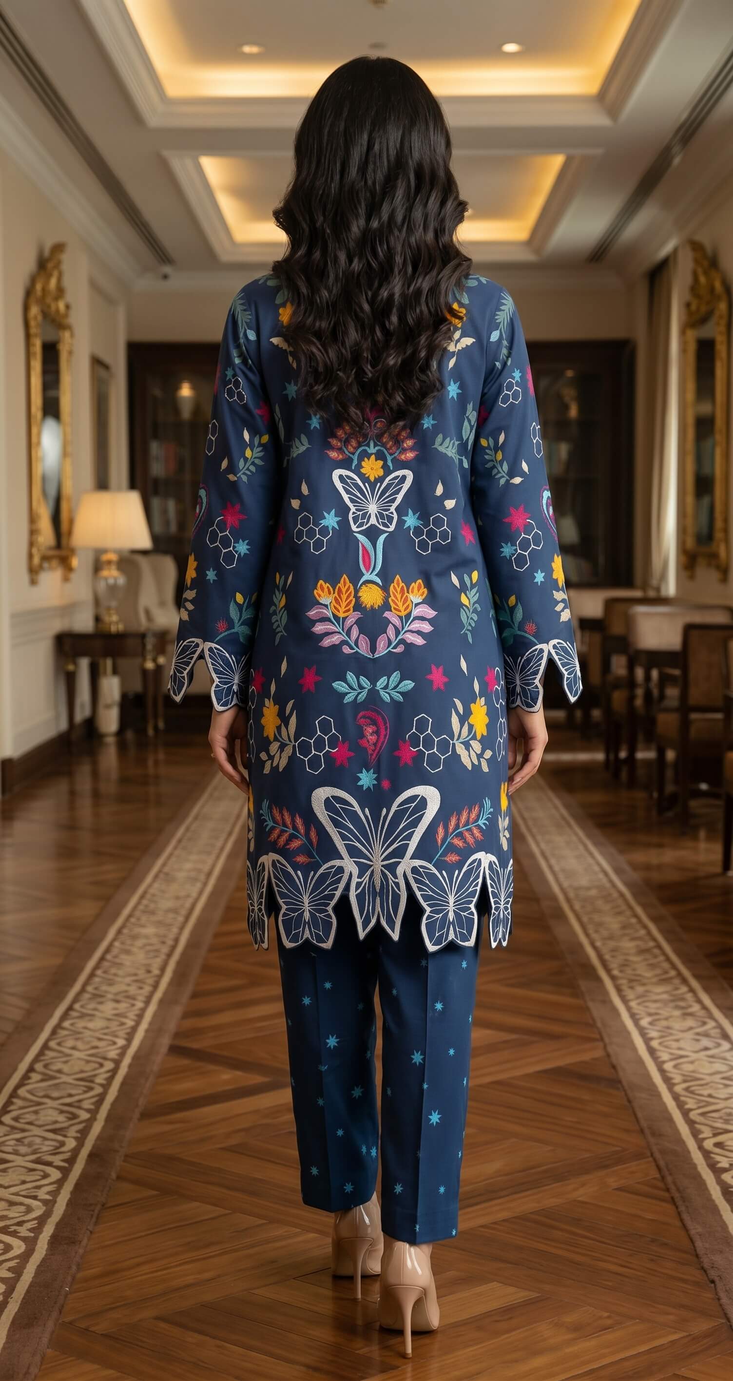 Stitched 2 Piece Midnight Blue Butterfly Embroidered 2-Piece Kurta Set