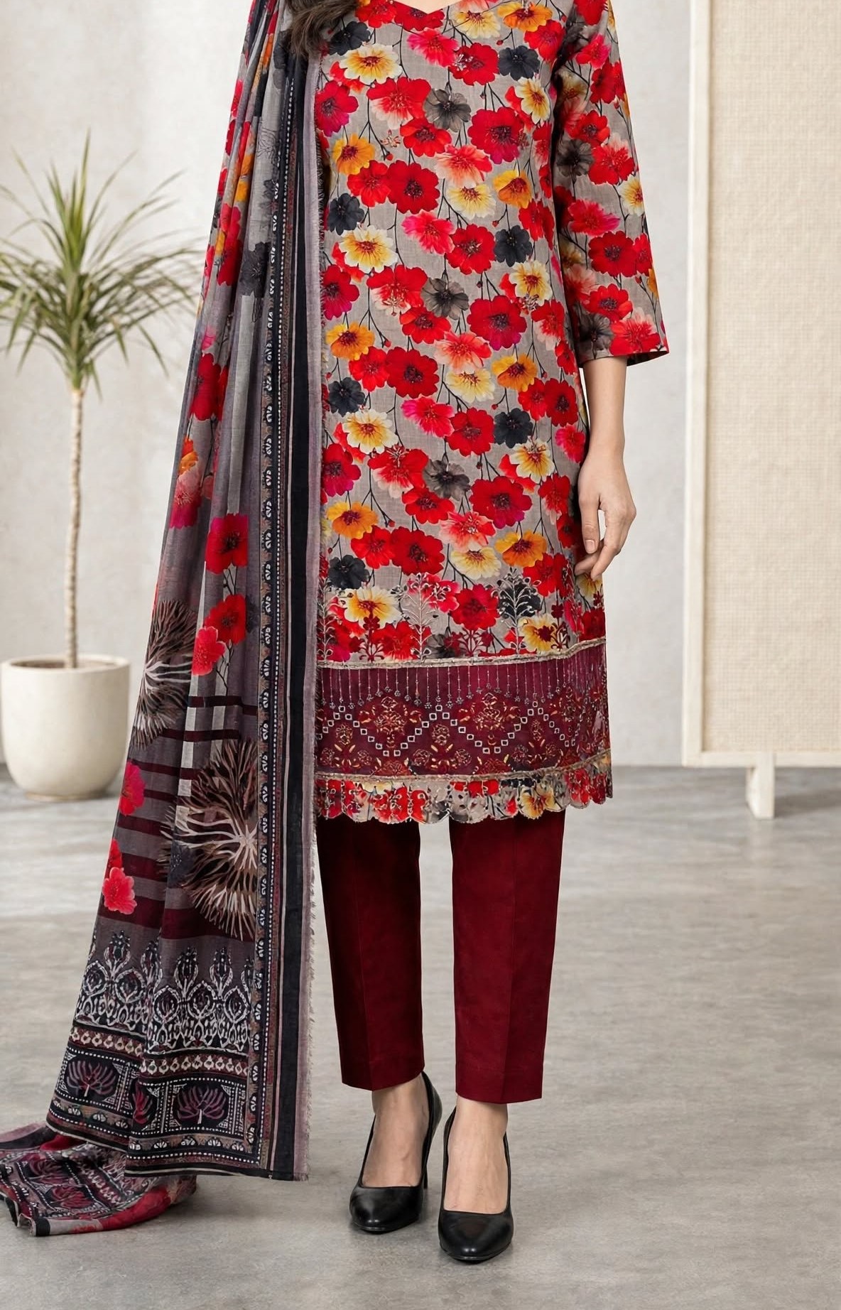 Unstitched 3-Piece Elegant Red & Grey Floral Printed 3-Piece Lawn Suit