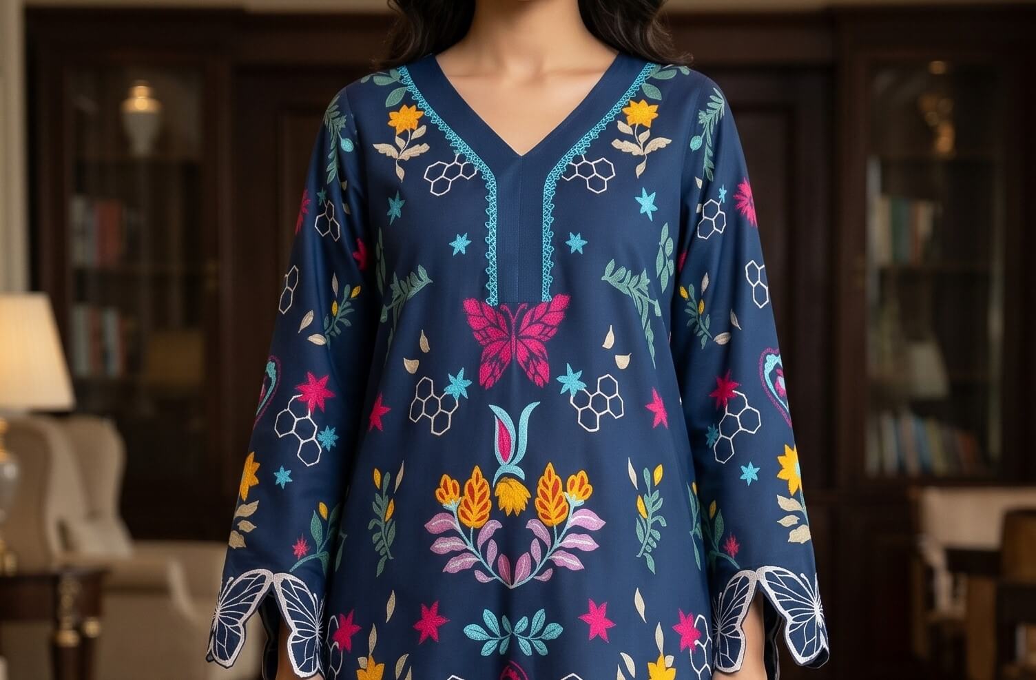 Stitched 2 Piece Midnight Blue Butterfly Embroidered 2-Piece Kurta Set
