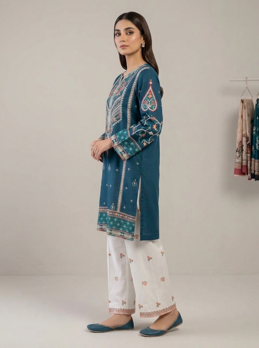 Stitched 2 PieceTeal Blue & White Embroidered Lawn Suit