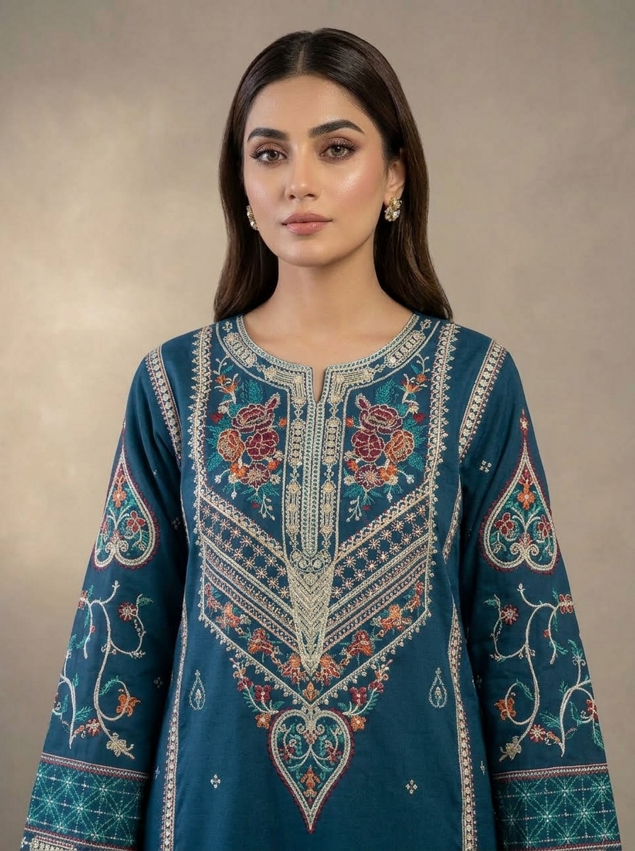 Stitched 2 PieceTeal Blue & White Embroidered Lawn Suit