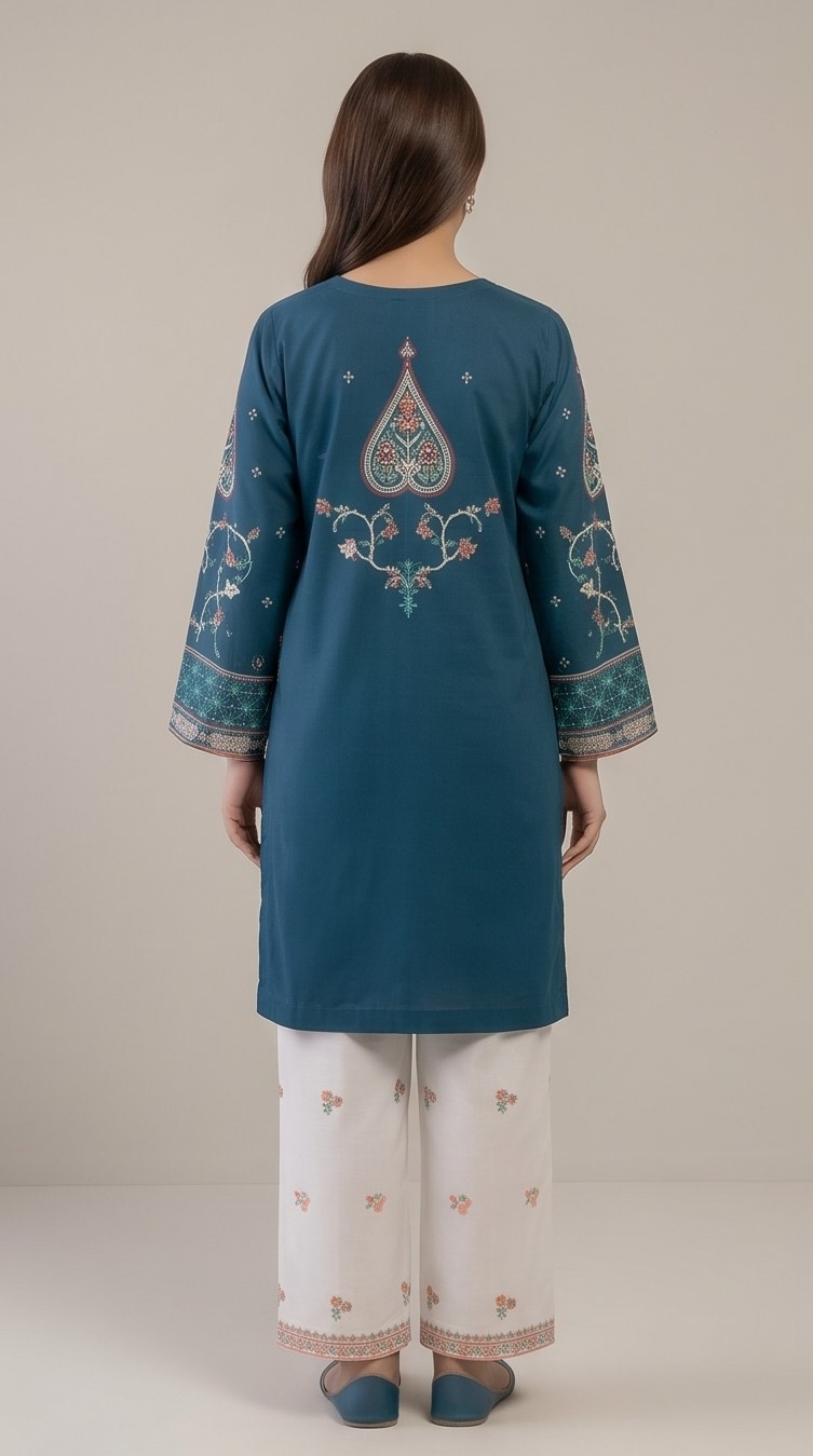 Stitched 2 PieceTeal Blue & White Embroidered Lawn Suit