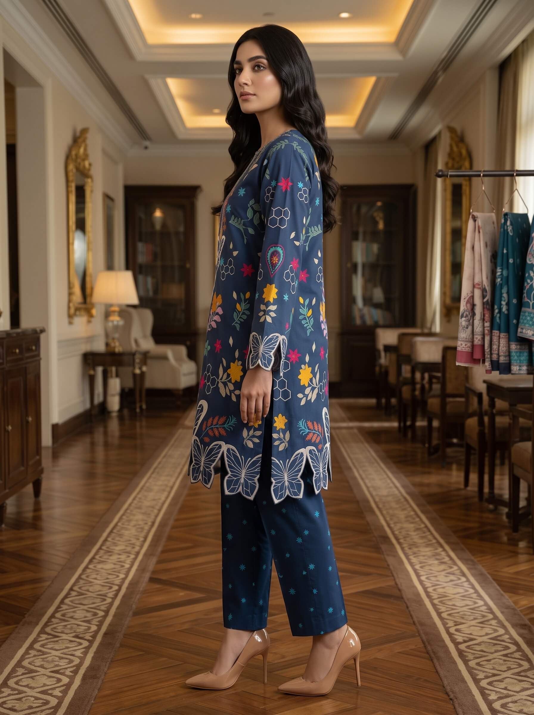 Stitched 2 Piece Midnight Blue Butterfly Embroidered 2-Piece Kurta Set