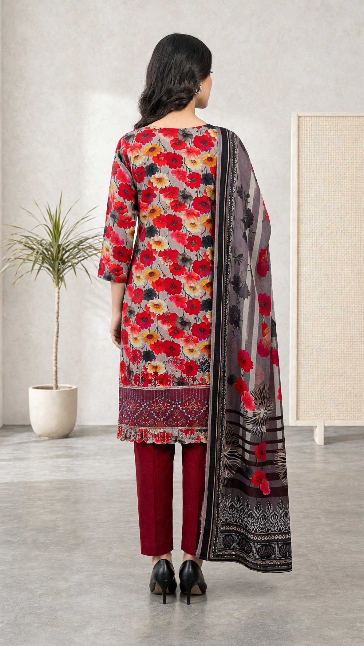 Unstitched 3-Piece Elegant Red & Grey Floral Printed 3-Piece Lawn Suit