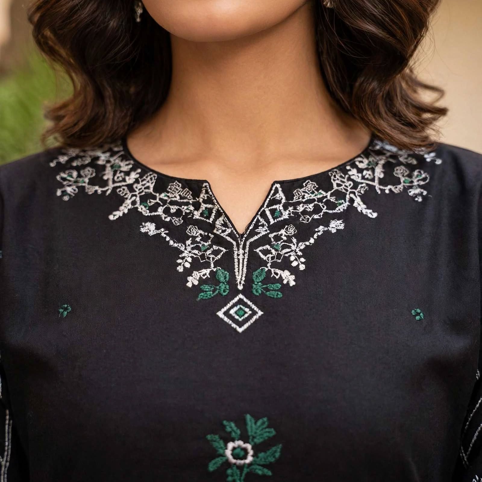 Stitched 2-Piece Black Contrast Ivory Embroidered Lawn Co-Ord Set with Printed Trousers