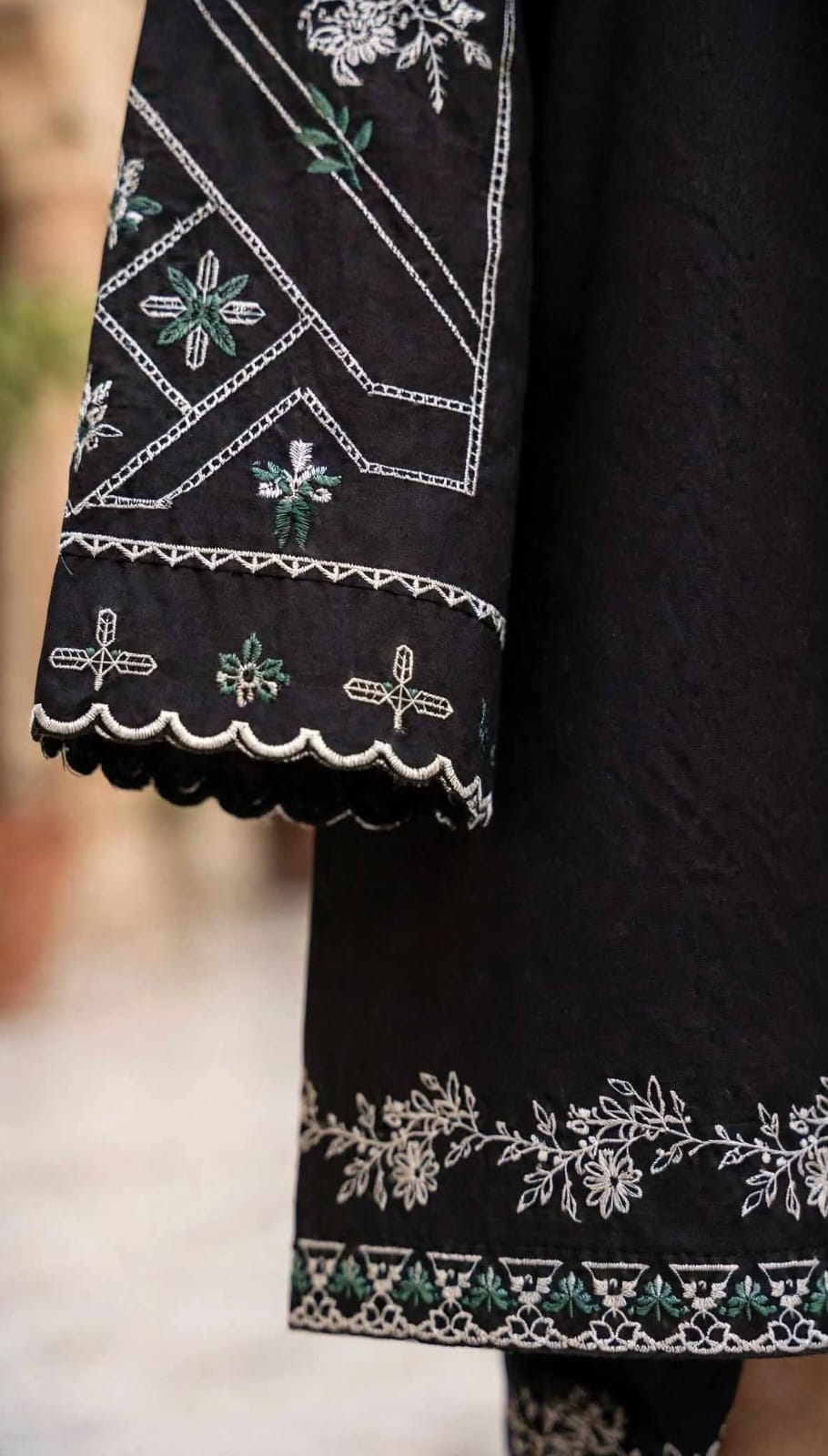 Stitched 2-Piece Black Contrast Ivory Embroidered Lawn Co-Ord Set with Printed Trousers