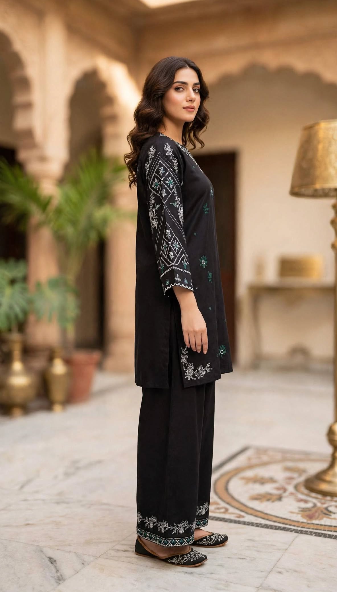 Stitched 2-Piece Black Contrast Ivory Embroidered Lawn Co-Ord Set with Printed Trousers