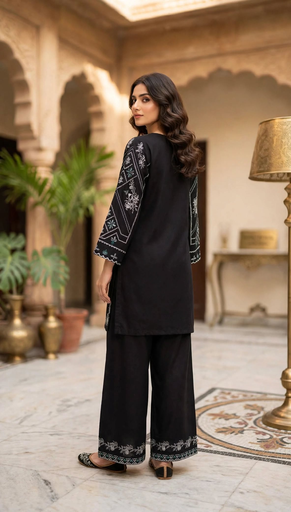 Stitched 2-Piece Black Contrast Ivory Embroidered Lawn Co-Ord Set with Printed Trousers