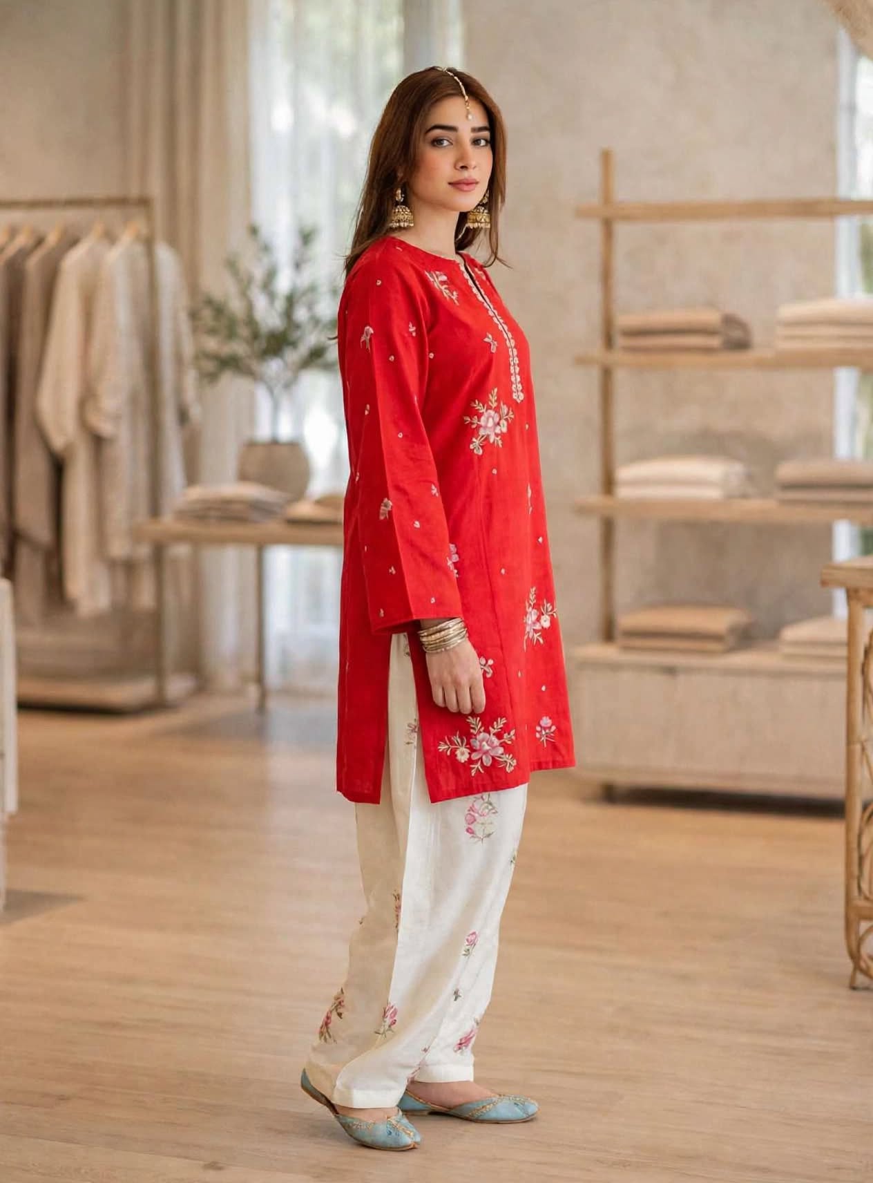 Stitched 2-Piece Crimson Red Embroidered Lawn Co-Ord Set with Printed Trousers