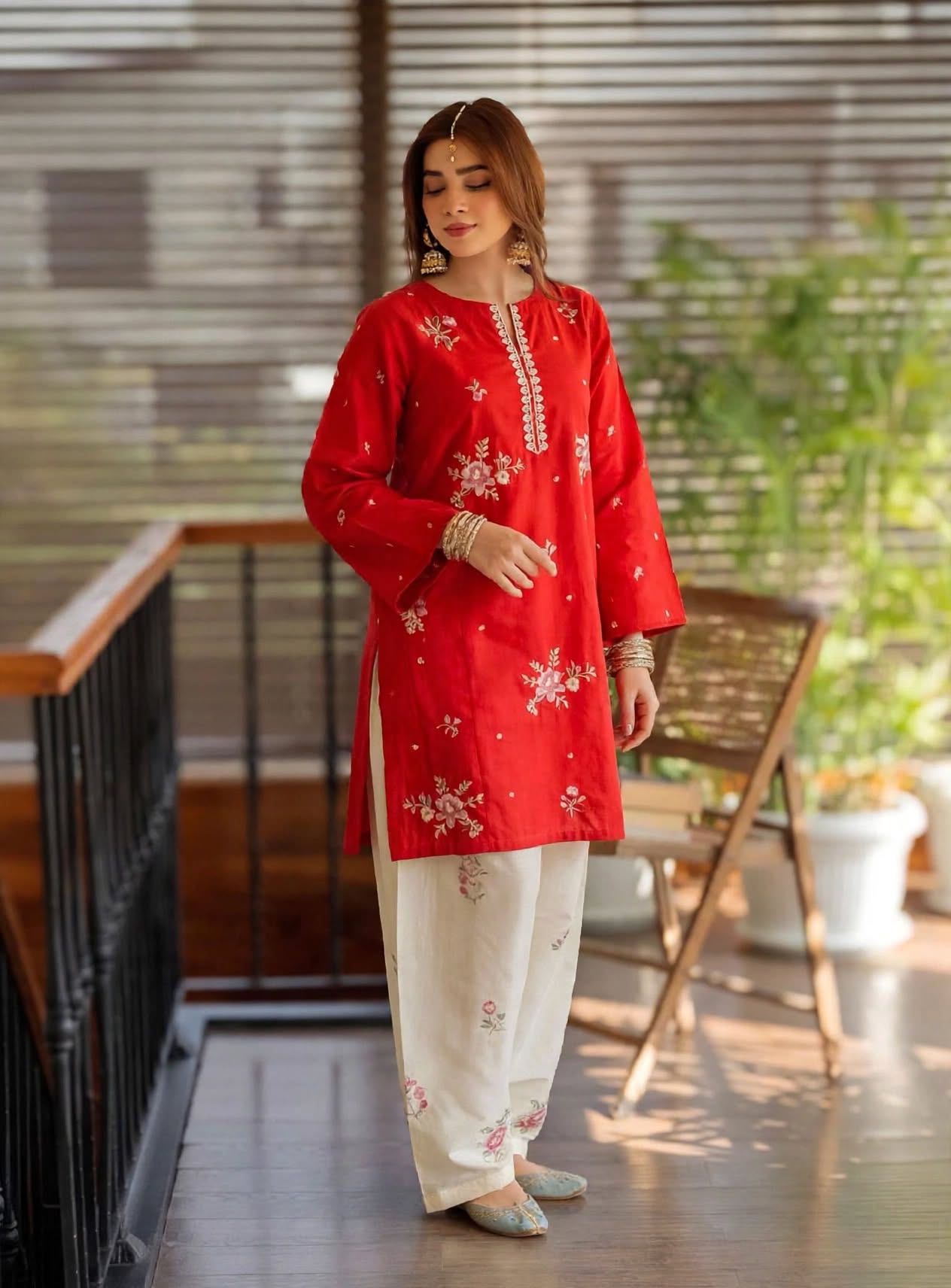Stitched 2-Piece Crimson Red Embroidered Lawn Co-Ord Set with Printed Trousers