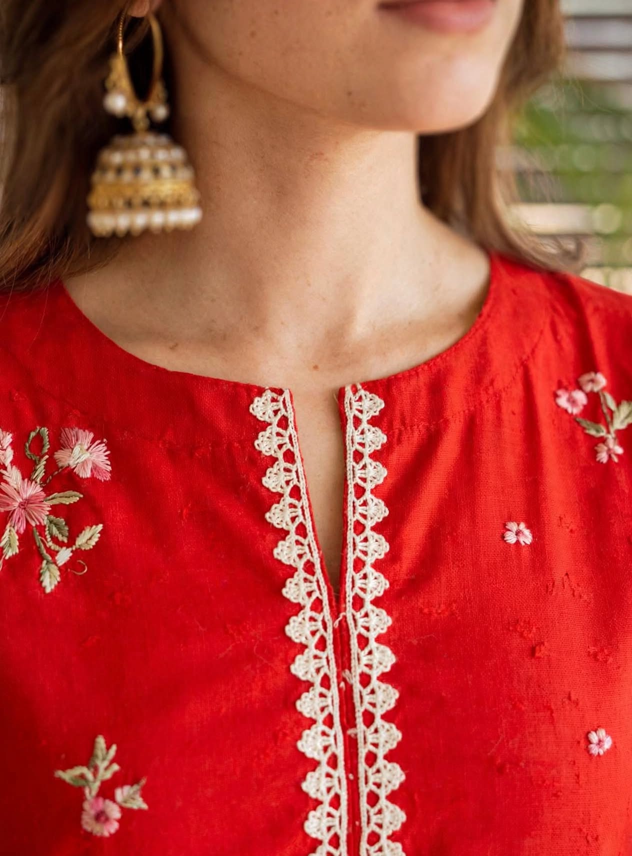 Stitched 2-Piece Crimson Red Embroidered Lawn Co-Ord Set with Printed Trousers