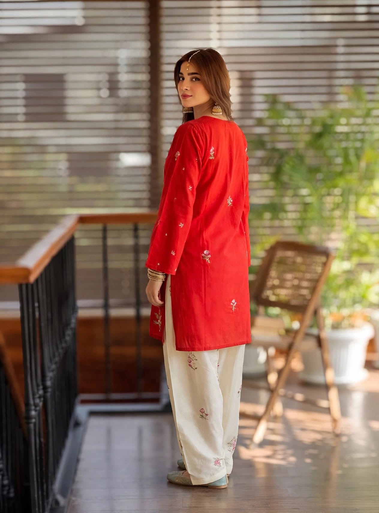 Stitched 2-Piece Crimson Red Embroidered Lawn Co-Ord Set with Printed Trousers