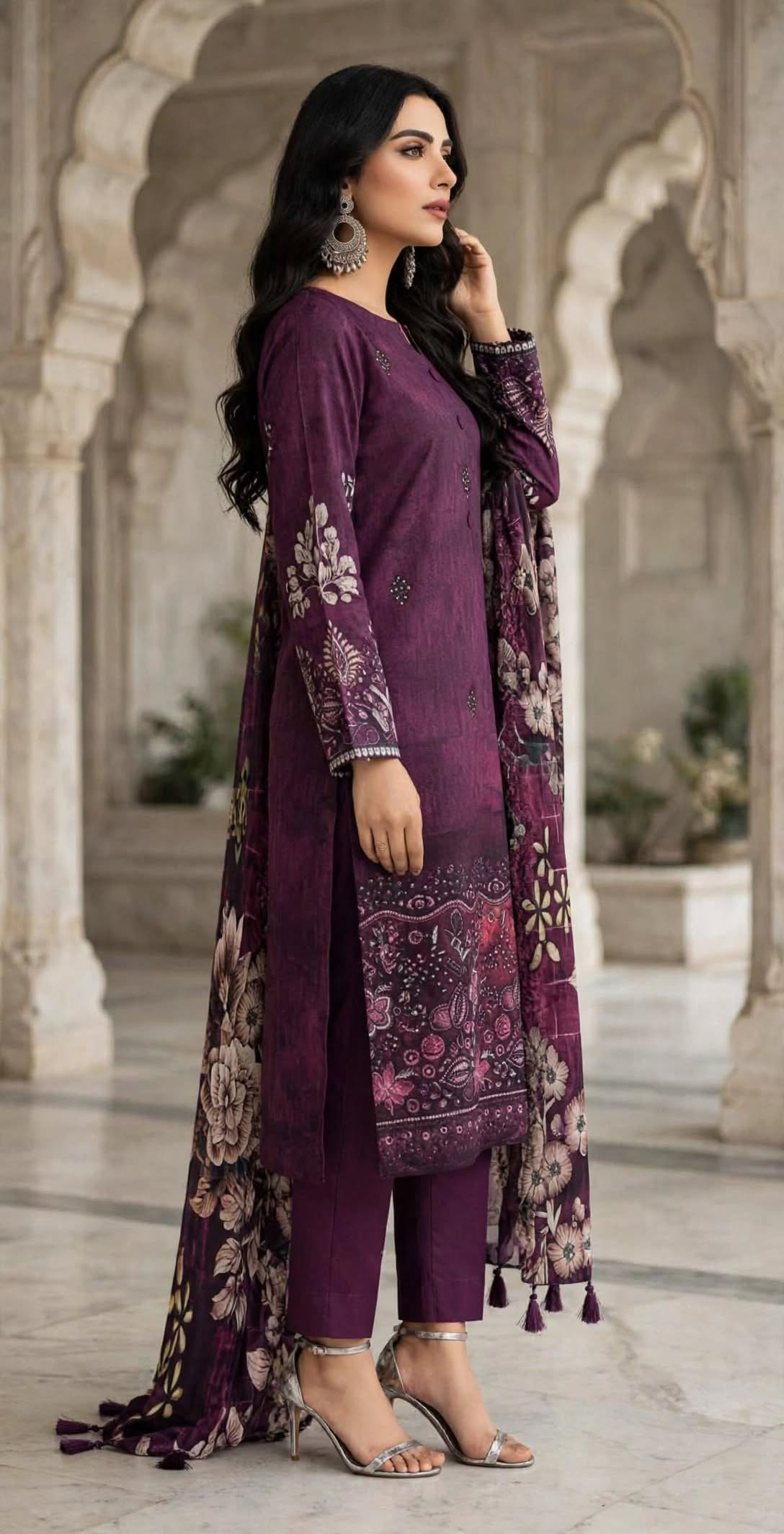Unstitched 3 Pc Deep Purple Plum tones Embroidered Suit