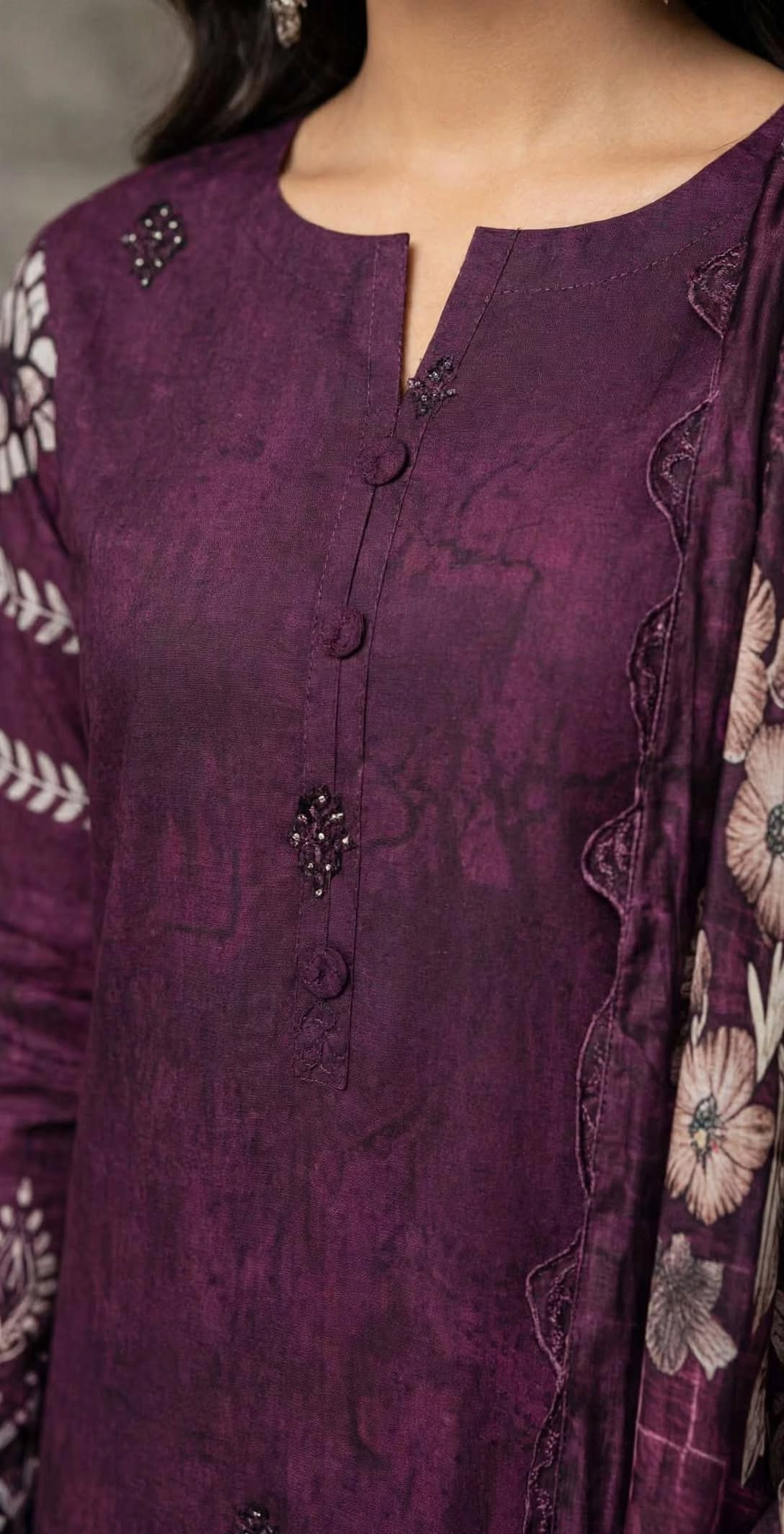 Unstitched 3 Pc Deep Purple Plum tones Embroidered Suit