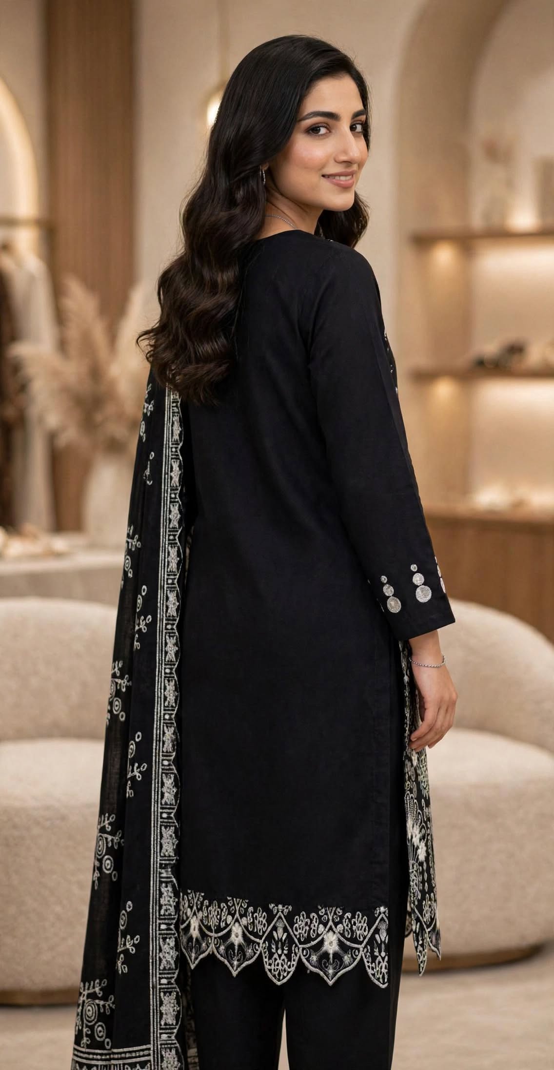 Unstitched 3 Pc Rich black and White Flowers Embroidered Suit