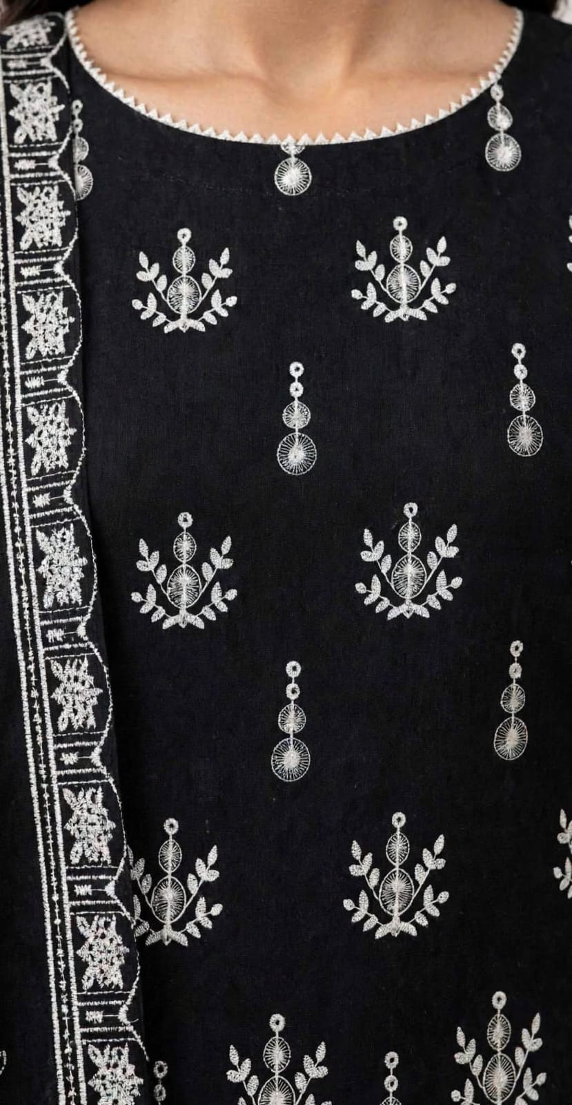 Unstitched 3 Pc Rich black and White Flowers Embroidered Suit