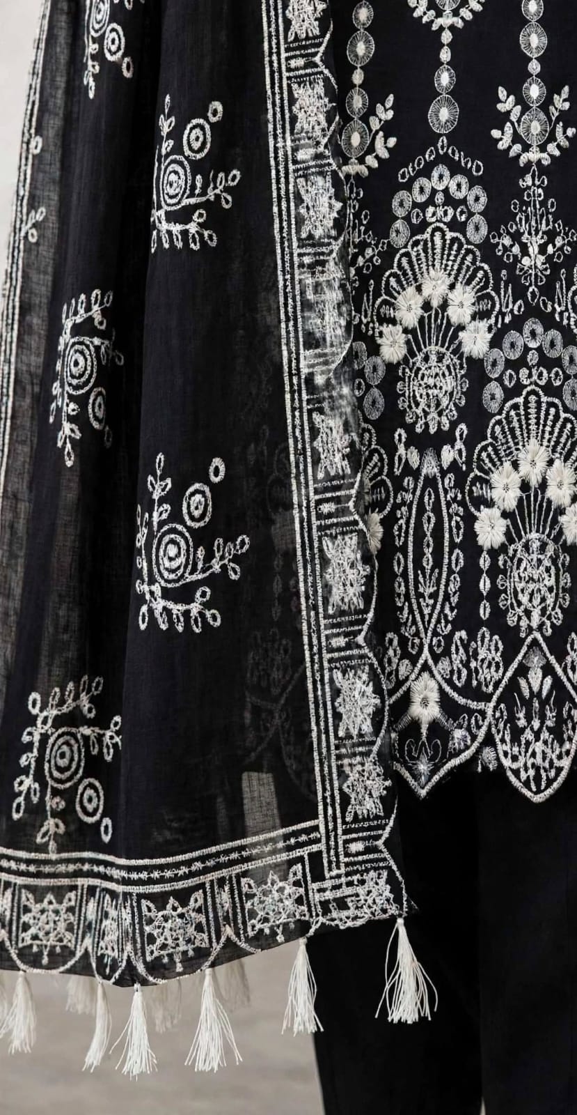 Unstitched 3 Pc Rich black and White Flowers Embroidered Suit