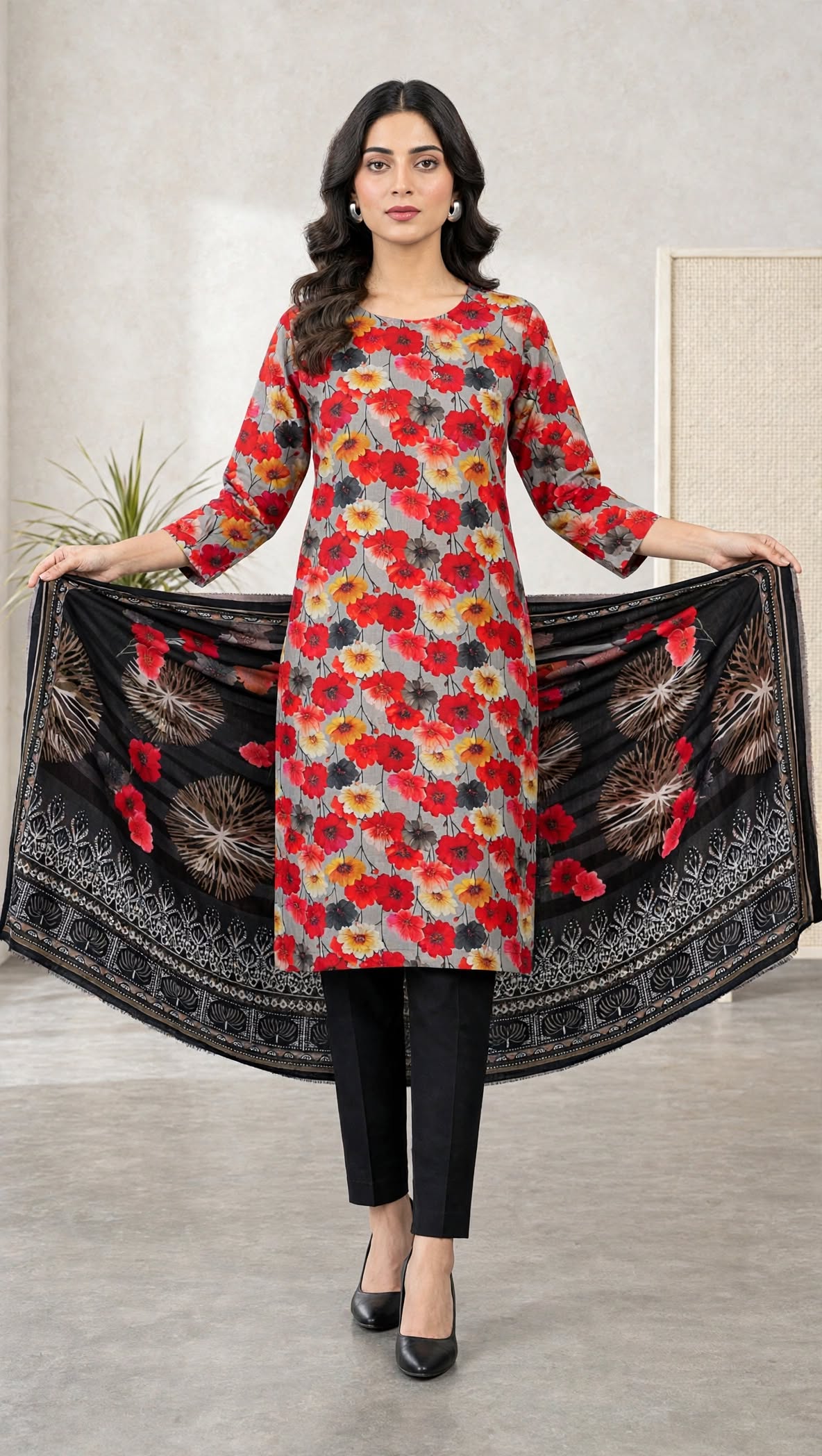 Unstitched 3-Piece Elegant Red & Grey Floral Printed 3-Piece Lawn Suit