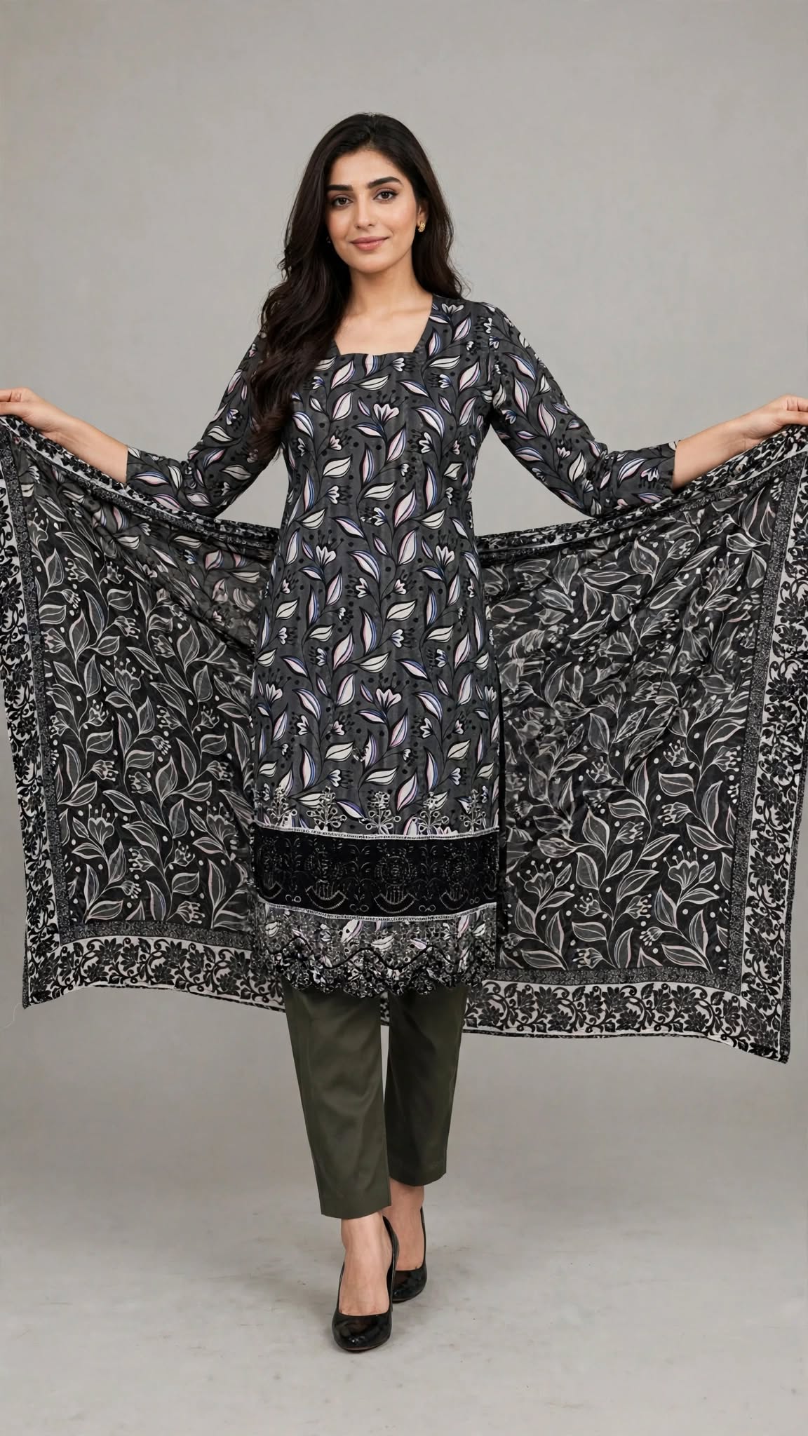 Unstitched 3-Piece Elegant Olive Green Floral Printed 3-Piece Suit