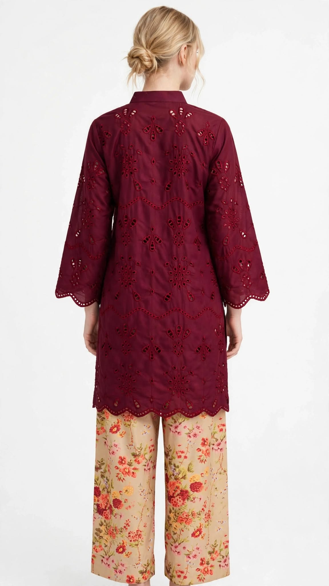 Stitched 2-Piece Elegant Maroon Schiffli Embroidered Tunic & Floral Wide-Leg Pants Set
