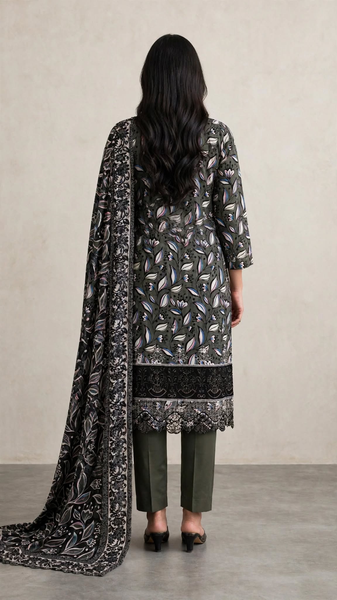 Unstitched 3-Piece Elegant Olive Green Floral Printed 3-Piece Suit