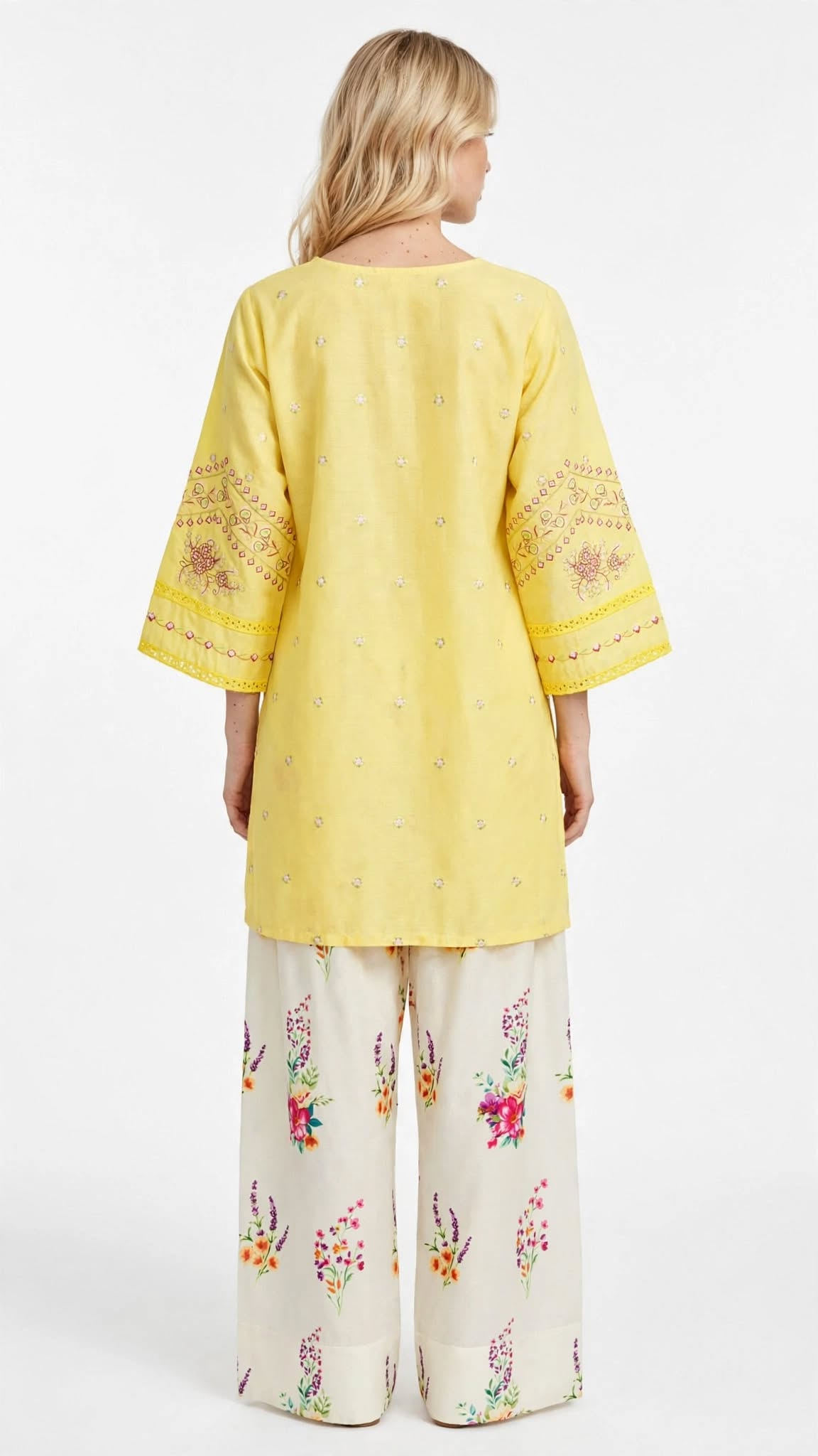 Stitched 2-Piece Elegant Lemon Yellow Chikankari Embroidered Tunic & Floral Wide-Leg Shalwar Set