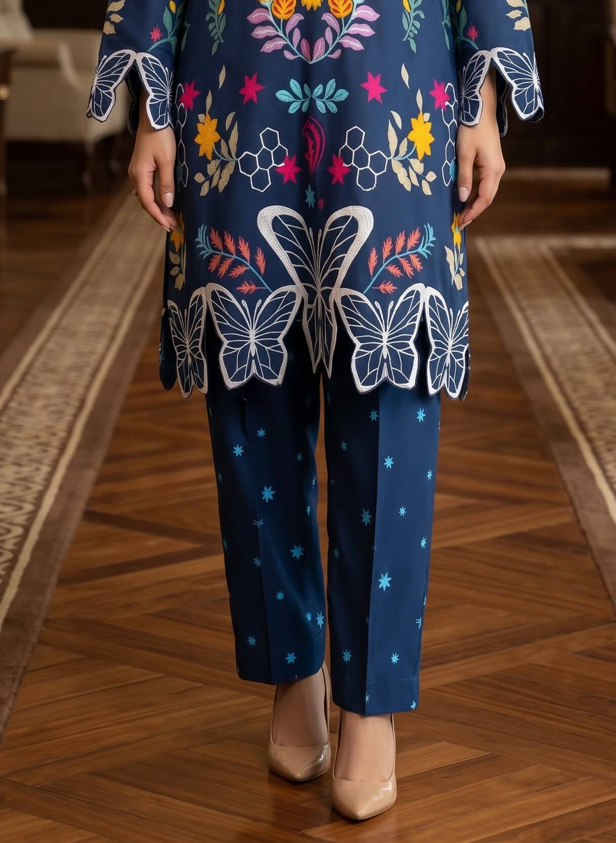 Stitched 2 Piece Midnight Blue Butterfly Embroidered 2-Piece Kurta Set