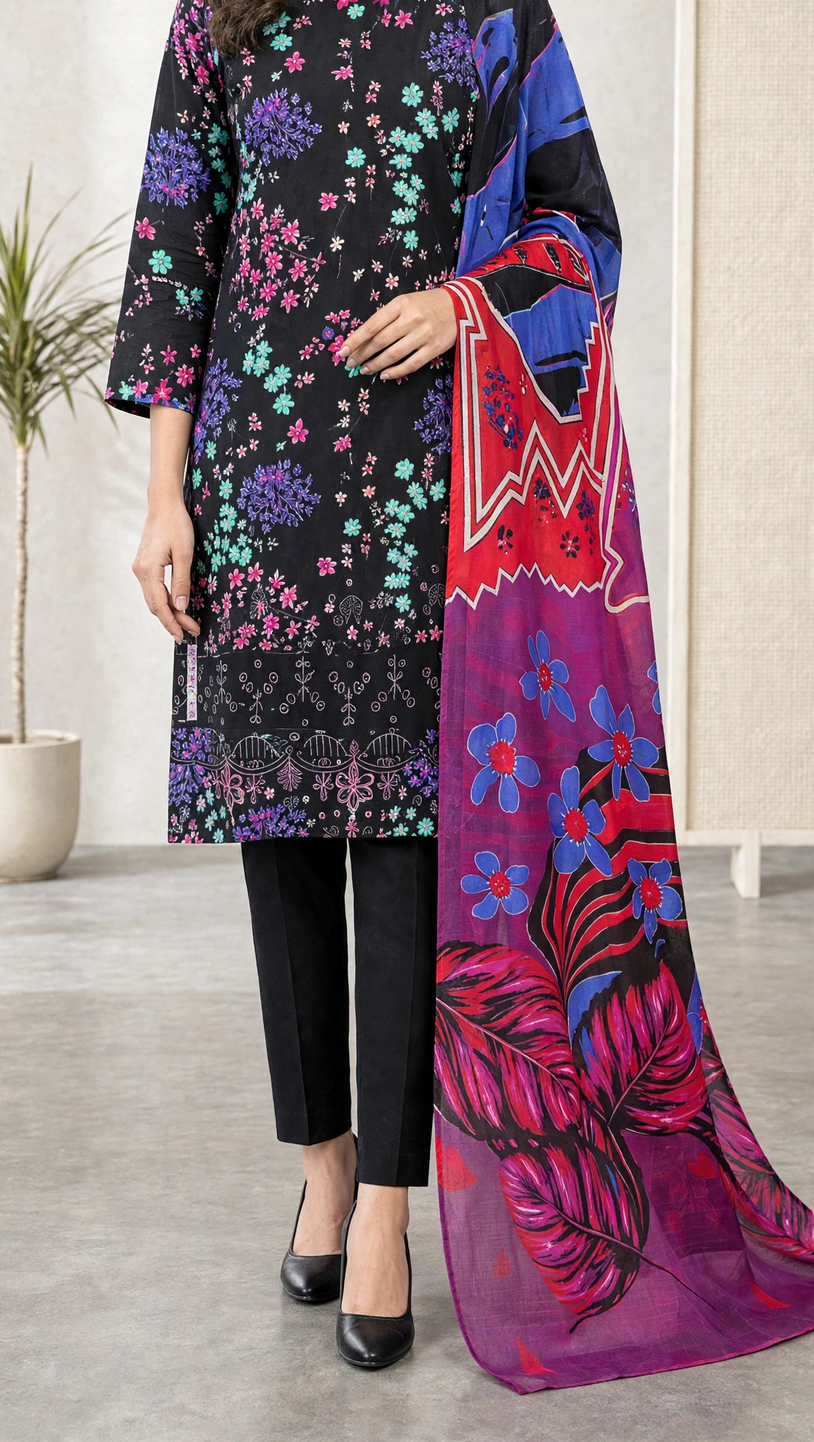 Unstitched 3-Piece Midnight Bloom Black 3-Piece Printed Lawn Suit
