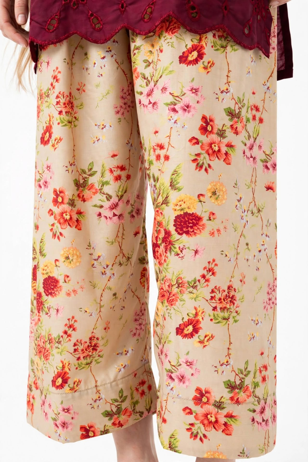 Stitched 2-Piece Elegant Maroon Schiffli Embroidered Tunic & Floral Wide-Leg Pants Set