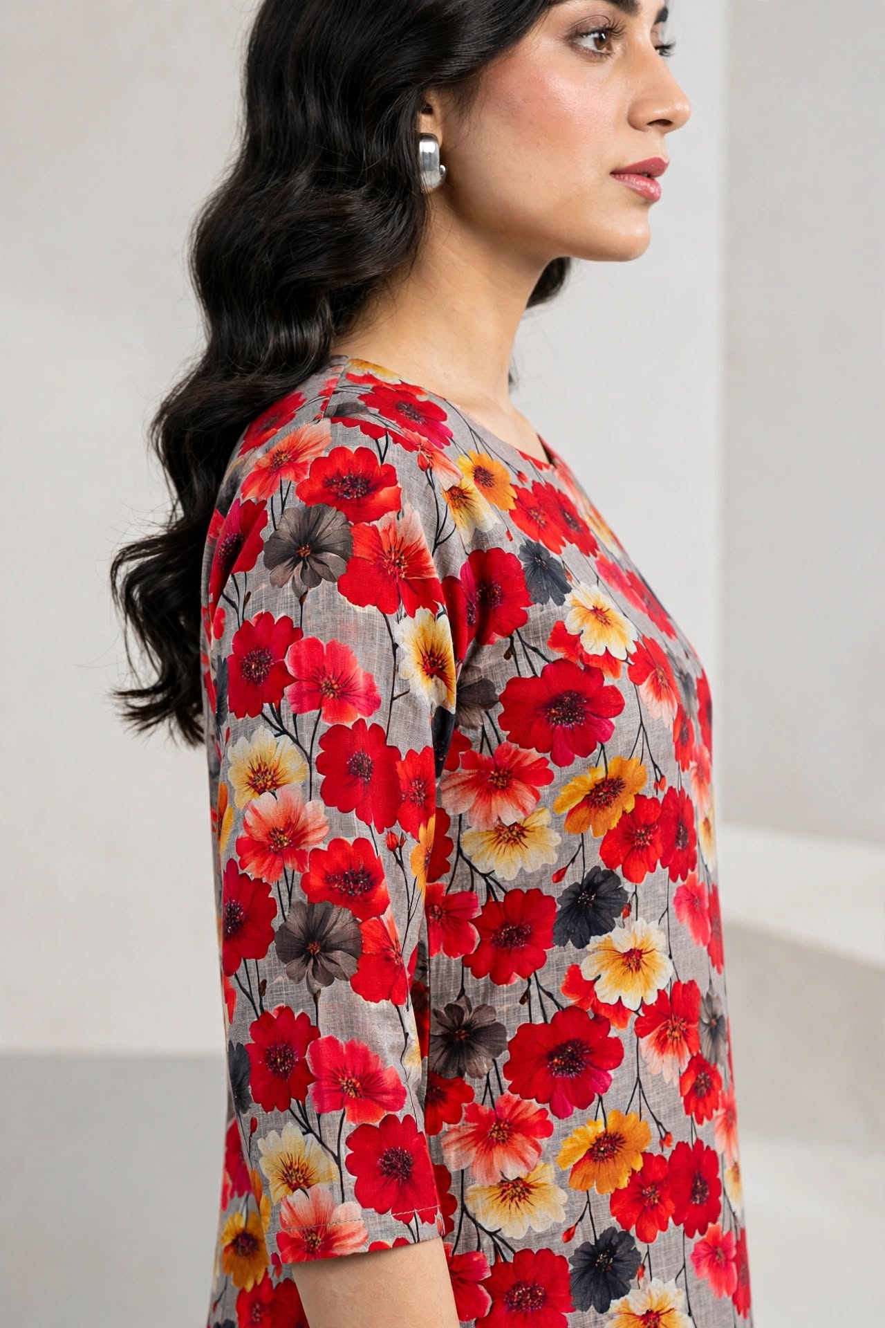 Unstitched 3-Piece Elegant Red & Grey Floral Printed 3-Piece Lawn Suit