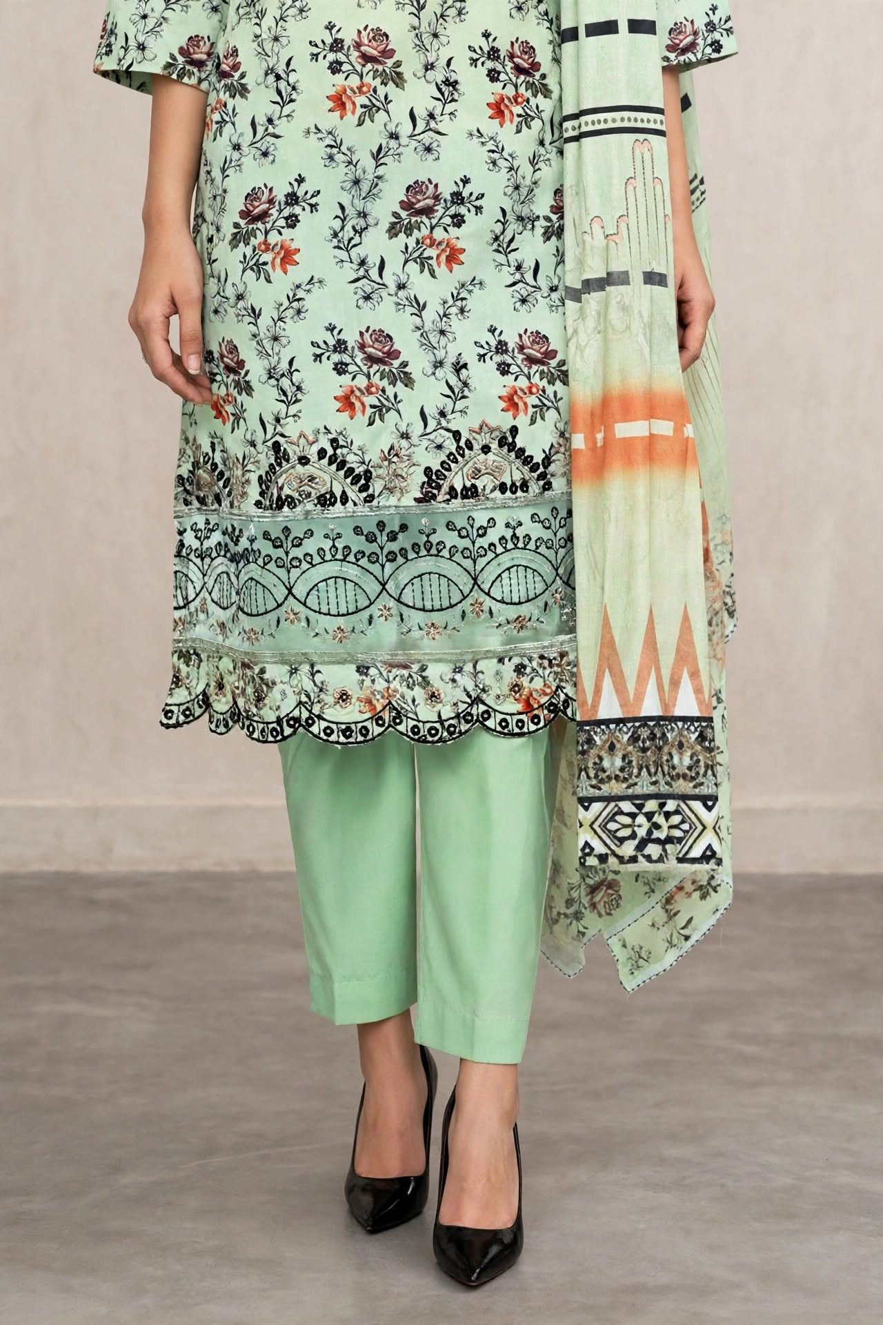 Unstitched 3-Piece Elegant Mint Green Floral Printed 3-Piece Lawn Suit