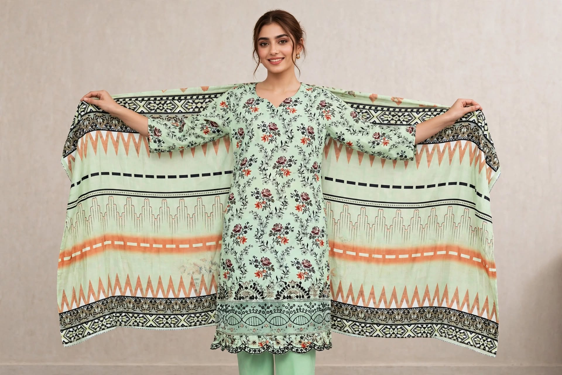 Unstitched 3-Piece Elegant Mint Green Floral Printed 3-Piece Lawn Suit