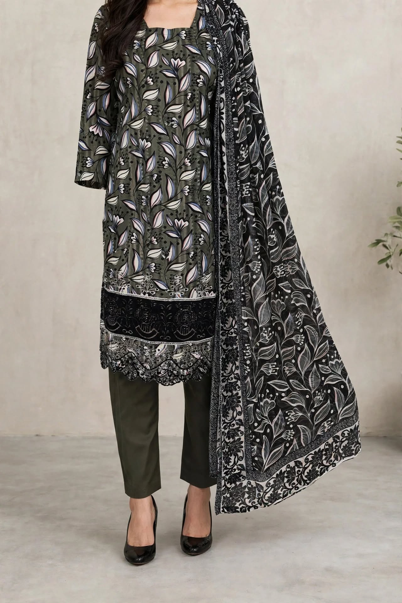Unstitched 3-Piece Elegant Olive Green Floral Printed 3-Piece Suit