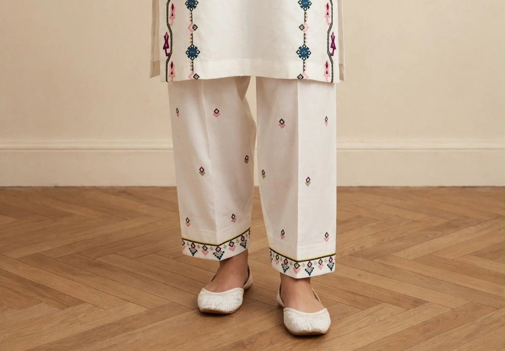 Stitch Off-White Geometric Embroidered Kurta & Trouser Set