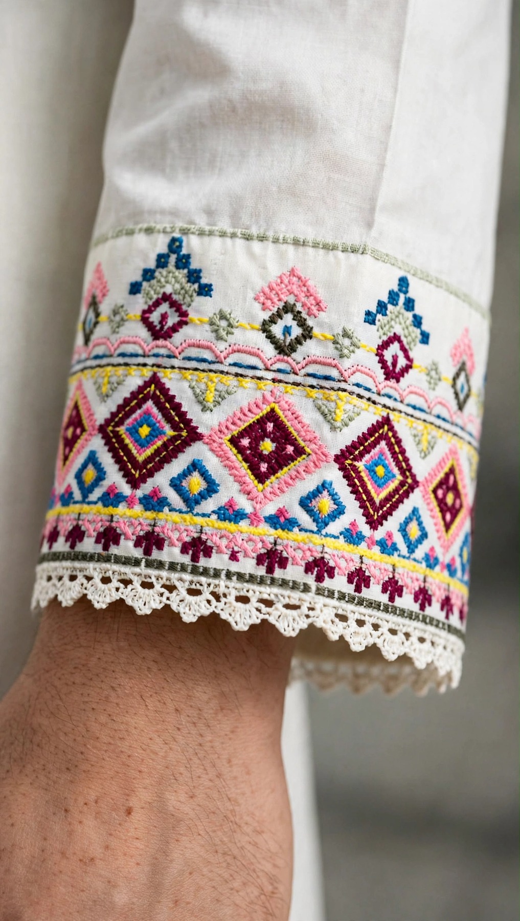 Stitch Off-White Geometric Embroidered Kurta & Trouser Set