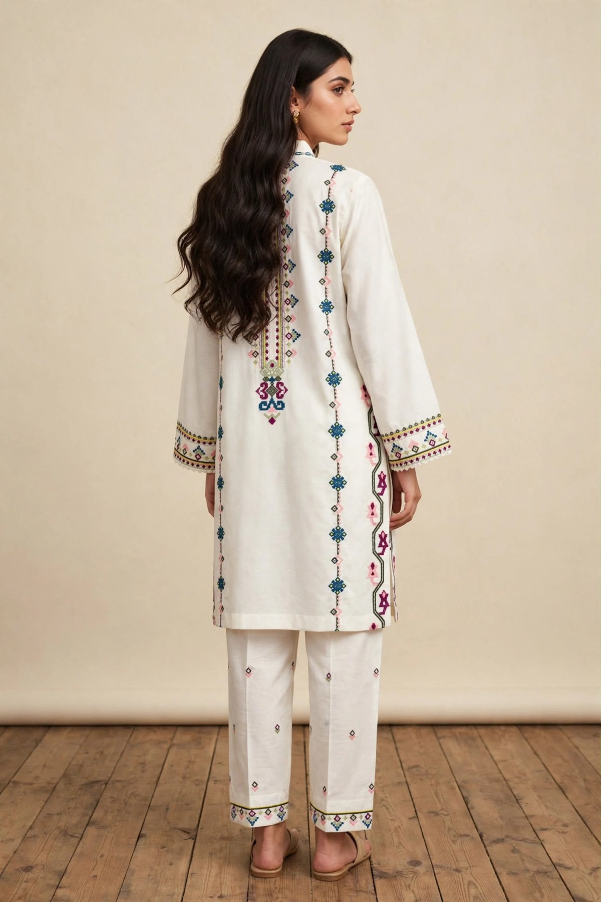 Stitch Off-White Geometric Embroidered Kurta & Trouser Set