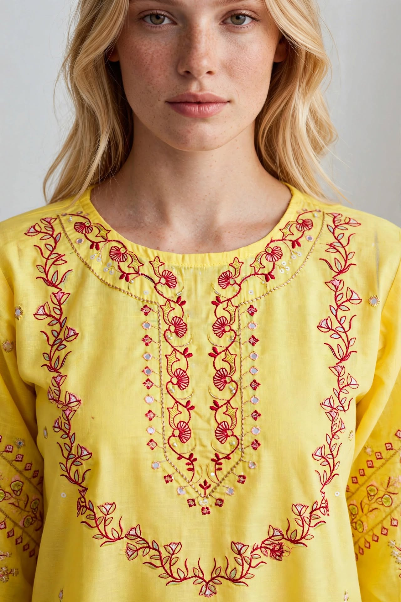 Stitched 2-Piece Elegant Lemon Yellow Chikankari Embroidered Tunic & Floral Wide-Leg Shalwar Set