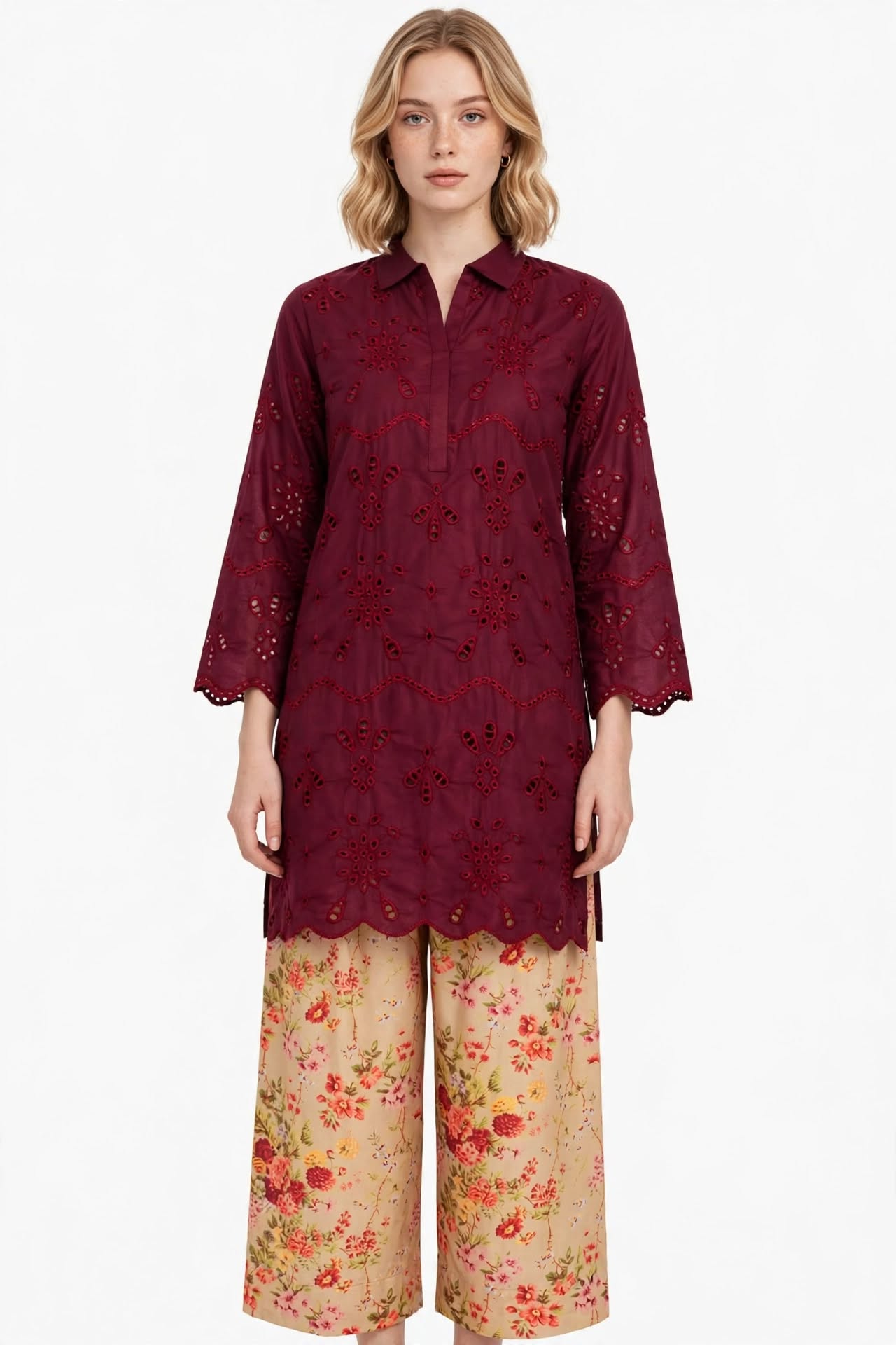 Stitched 2-Piece Elegant Maroon Schiffli Embroidered Tunic & Floral Wide-Leg Pants Set
